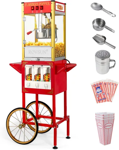 Miniatura 18 de Máquina de palomitas de maíz ROVSUN con carrito, ruedas y hervidor de 8 oz, hace hasta 32 tazas, certificada ETL, máquina de palomitas de maíz