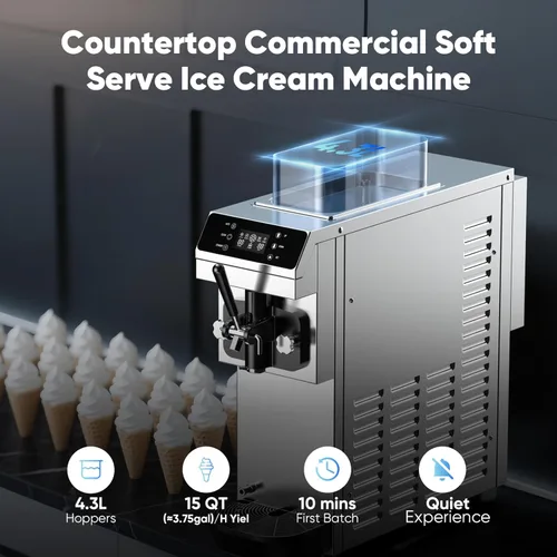Miniatura 3 de Máquina comercial para hacer helados de 15 cuartos de galón (≈3.75 galones), 100-150 porciones, cuencos de acero inoxidable 304 de 4.3 L, tanque
