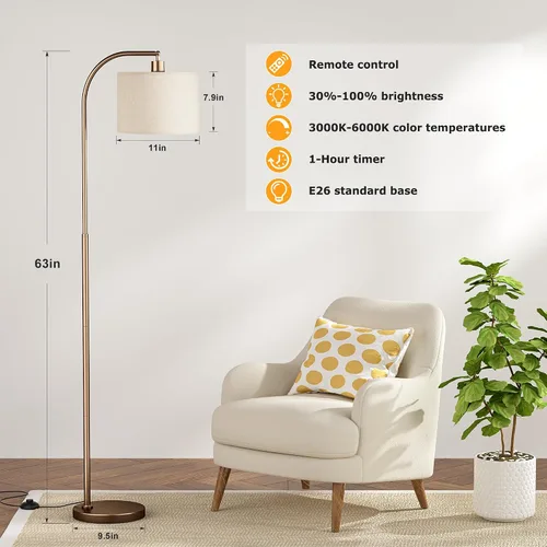 Miniatura 2 de Ambimall - Lámpara de pie de arco con control remoto y bombilla regulable continua, temperatura de color y brillo ajustables, lámparas de pie
