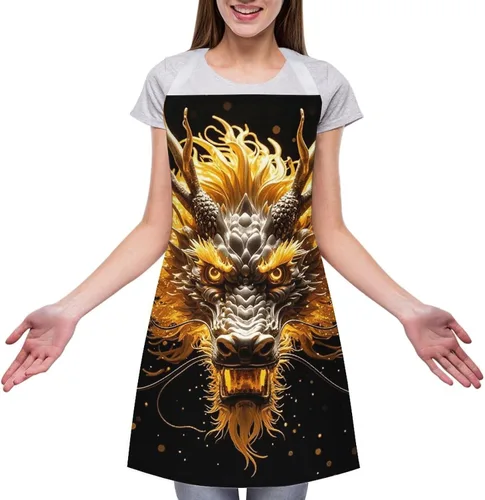 Miniatura 3 de MUSM Apron for Adults - 27.6 X 31.5 Inch, Heavy-Duty Polyester Aprons with Two Large Pockets, Waterproof Golden Dragon Head Kitchen Apron for