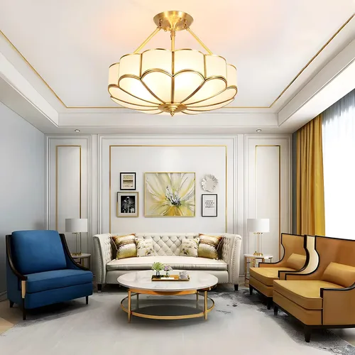 Miniatura 12 de Lámpara de techo de latón de 4 luces semiempotrada, candelabro dorado para comedor, lámpara de techo de vidrio esmerilado, luz empotrada moderna