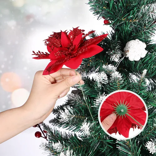Miniatura 7 de Toyvian Flores de pascua artificiales con purpurina navideña, 12 adornos de flores para árbol de Navidad, decoración de fiesta de Navidad con 12 Rojo