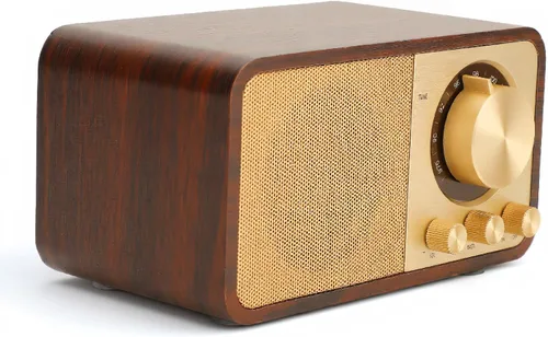 Altavoz BT de madera retro vintage, radio AM FM portátil recargable con reproducción AUX/USB/TF, radio retro recargable para cafeterías,