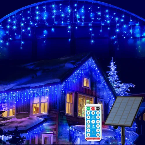 Miniatura 10 de KiflyTooin Luces Solares de Navidad para Exteriores Impermeables Luces de Cortina para Decoraciones de Navidad 320 LED 29.5 pies 60 Gotas, Luces