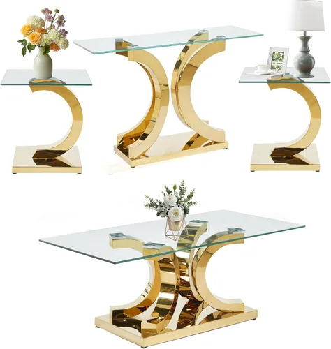 Miniatura 42 de SSLine Mesa auxiliar de cristal de lujo para sala de estar, mesa auxiliar moderna dorada con base de pedestal de acero inoxidable en forma de flor