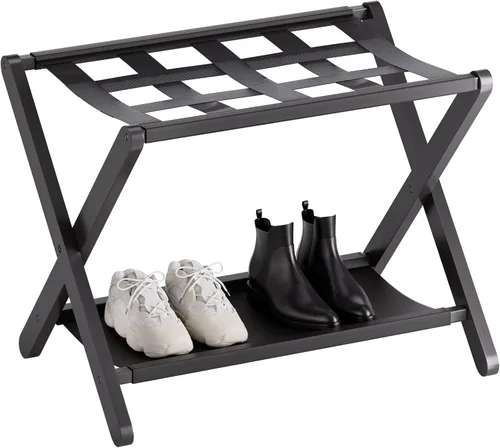 HITNET Portaequipajes para habitación de invitados, soporte de maleta plegable, soporte de equipaje de hotel de bambú con estante de almacenamiento
