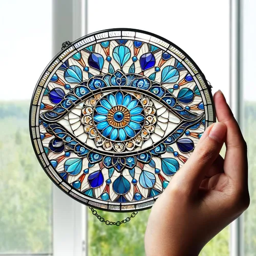 Miniatura 5 de 7.8'' Atrapasoles de Ojo Maligno de Vidrio Manchado para Colgar en Ventanas, Decoración Protectora, Adorno de Vidrio para Hogar, Pared, Habitación