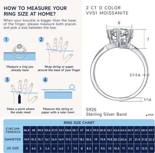 Miniatura 6 de MomentWish Moissanite Rings, Moissanite Silver Rings for Women,D Color VVS1 Simulated Diamond 925 Sterling Silver Solitaire Rings
