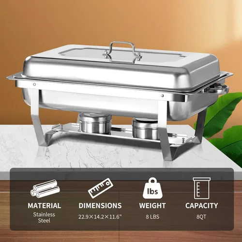 Miniatura 4 de Juego de 2 Platos Calentadores de Acero Inoxidable de Tamaño Completo de 8 Cuartos de Galón para Buffet, Juego de Calentador Rectangular Plateado