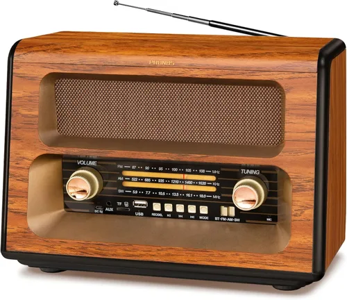 PRUNUS J-199 Radio vintage grande Bluetooth, radio AM FM de onda corta, altavoz de cristal de 15 W, compatible con tarjeta AUX/TF/reproducción USB,
