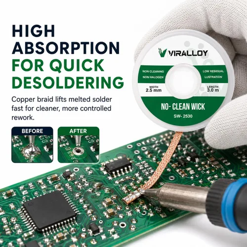 Miniatura 2 de Mecha de soldadura de 0.098 in x 10 pies – Mecha desoldadora de colofonia sin limpieza para electrónica, PCB y reparación de placas de circuito