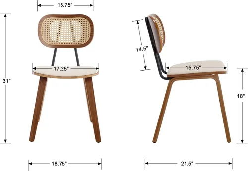 Miniatura 5 de Ya-Home Juego de 4 sillas de comedor Mid-Century de piel sintética con respaldo de ratán, patas de madera, diseño sin brazos para comedor, sala