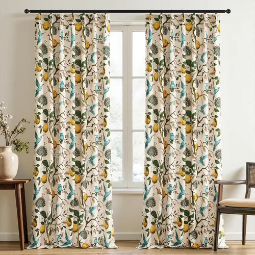 Miniatura 13 de Cortinas beige para cocina, 36 pulgadas de largo, diseño floral botánico de limón y colibrí, cortinas plisadas para oscurecer la habitación