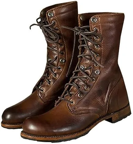 Botas de combate de cuero vintage con cordones a media pantorrilla para hombre, botas cortas estilo romano Chukka, impermeables, con puntera