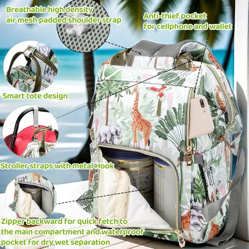 Miniatura 4 de Mochila para pañales de selva tropical, mochila para pañales con diseño de animales con bolsa para monedas, puerto de carga USB, correas para Blanco