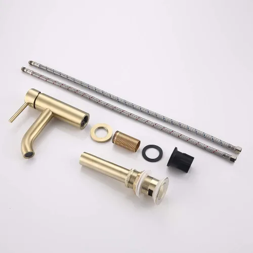 Miniatura 6 de Grifo de baño negro de una sola manija con montaje de drenaje de metal y escudo, oro cepillado