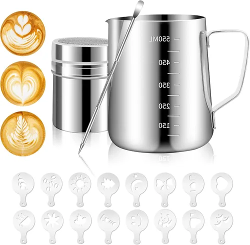 Jarra de espuma de leche de acero inoxidable de 20 onzas / 20.3 fl oz para plantillas de café capuchino de leche, arte de leche, taza de jarra de