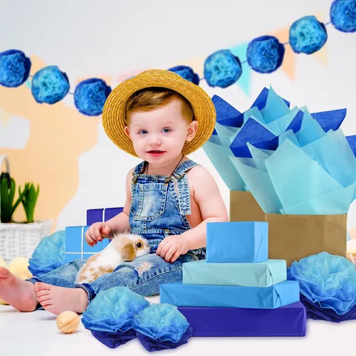 Miniatura 2 de NEBURORA Juego de Papel de Regalo Azul Surtido de 60 Hojas Papel de Seda para Envolver 3 Colores para Regalos de Bricolaje Embalaje Pascua Baby