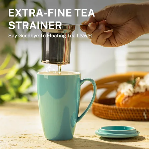 Miniatura 5 de Sweese Taza de té de porcelana de 15 onzas con infusor y tapa, apta para microondas, mango ergonómico, esmalte sin plomo, para té de hojas sueltas