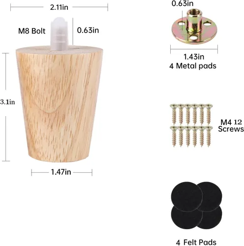 Miniatura 2 de Juego de 4 patas redondas de madera maciza de 3 pulgadas para muebles, sofá cama, silla de café, escritorio, patas rectas con pernos preperforados