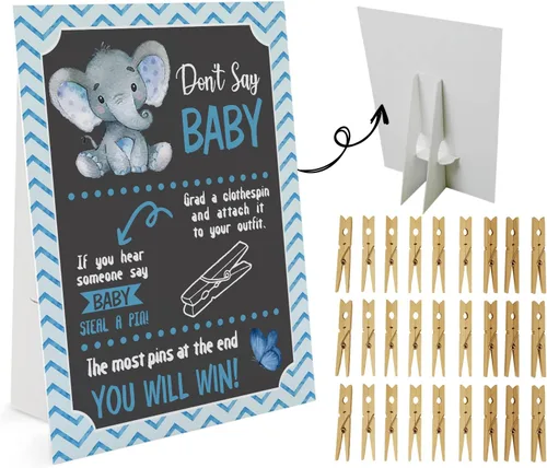 Blue Elephant Don't Say Baby Game - 1 letrero y 50 mini pinzas naturales para la ropa, juego de baby shower de género neutro y decoraciones