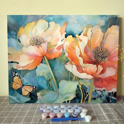 Miniatura 11 de Tucocoo Kits de pintura de paisaje de girasoles por números con pinceles y pigmento acrílico sobre lienzo para adultos, patrón de mariposas y flores