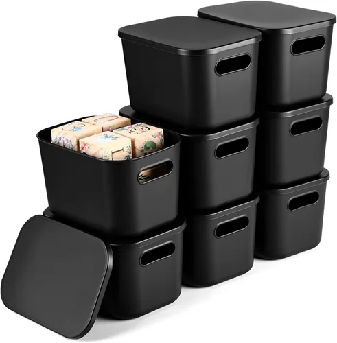 Hoolerry 8 contenedores de almacenamiento coloridos con tapa, cesta de almacenamiento de plástico, contenedor organizador apilable con asa para Negro