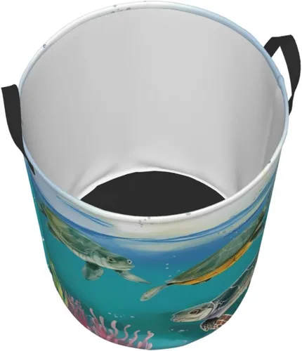 Miniatura 3 de Cesta circular con estampado de tortugas marinas y peces impermeable, cesta organizadora de lavandería, con asas, para ropa, juguetes, pequeña