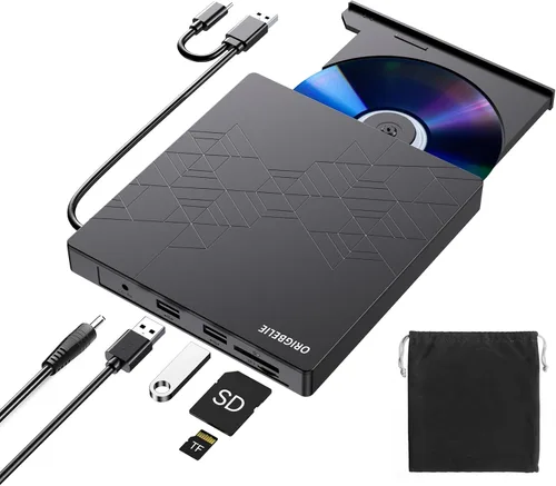 Miniatura 15 de ORIGBELIE Unidad externa de CD y DVD, grabadora de CD USB 3.0 con 2 puertos USB y 2 ranuras para tarjetas TF/SD, unidad de disco óptico