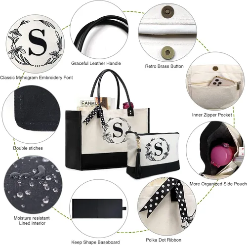 Miniatura 4 de BeeGreen Bolsas de lona con inicial, regalo de cumpleaños personalizado para mujeres, amigas, madre, mamá, bolsas de monograma bordadas con asa