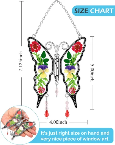 Miniatura 9 de KY&BOSAM - Atrapasoles de mariposa de vidrio para ventanas, carillón de viento, adorno colgante con flores secas presionadas entre las alas y sin