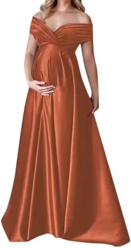 Molisa Vestido de maternidad de satén para sesión de fotos con hombros descubiertos de terciopelo para baby shower, vestido de embarazo nupcial