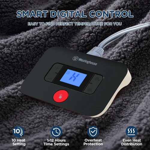 Miniatura 2 de Westinghouse Manta Eléctrica Tamaño Full, Manta Térmica de Felpa Suave Sherpa con 10 Niveles de Calefacción y 1-12 Horas de Apagado Automático, Gris