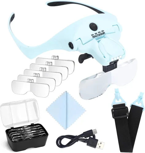 Miniatura 12 de YOCTOSUN - Gafas de aumento con 4 luces LED, 5 lentes, estuche de almacenamiento para la cabeza, lupa iluminada manos libres para manualidades, Azul