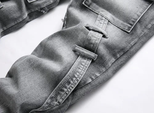 Miniatura 4 de XIMXIMMTIAN Jeans rectos de motociclista para hombre, desgastados, desgastados, ajustados, rectos
