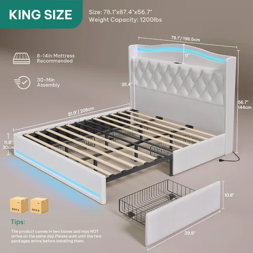 Miniatura 2 de YITAHOME Base de cama tamaño King con 4 cajones de almacenamiento y luces LED RGB, cama tapizada de terciopelo de 57 pulgadas de alto con estación