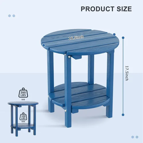 Miniatura 3 de Mesa auxiliar redonda de 2 niveles para exteriores con veta similar a la madera, mesa auxiliar Adirondack de HDPE para patio, mesa auxiliar Azul