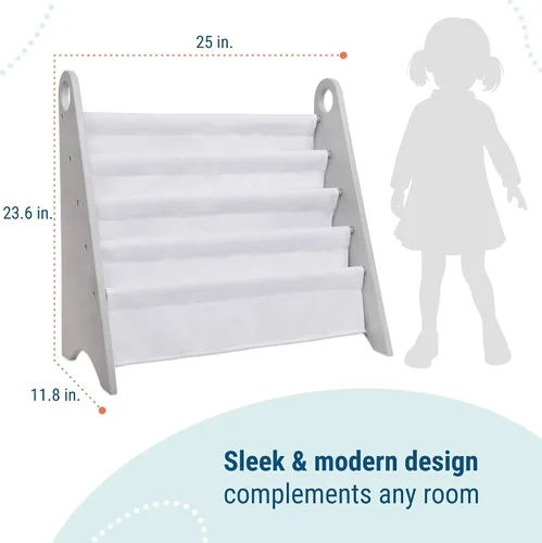 Miniatura 3 de Wildkin Estantería para niños, almacenamiento moderno de madera con 4 estantes y asas de tela, organizador para el hogar o el aula, gris y blanco