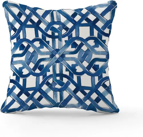 Miniatura 2 de Funda de cojín geométrica de enrejado de laberinto azul y blanco, funda de cojín decorativa de celosía Ming Trail, funda de almohada abstracta