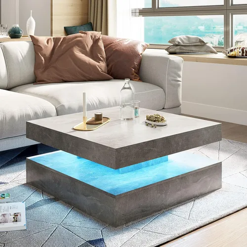 Miniatura 17 de HedoAjim Mesa de centro LED negra para sala de estar, mesa de sala de estar, mesas centrales cuadradas de 2 niveles, mesas de centro de madera