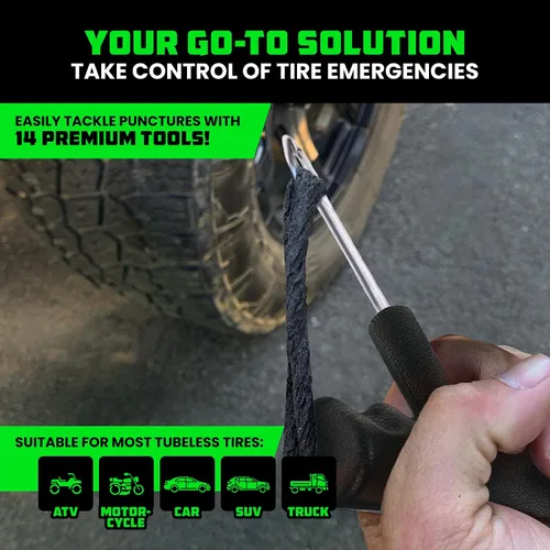 Miniatura 4 de Kit de reparación de neumáticos compacto Rhino USA (14 piezas) – Juego de tapones resistentes con lubricante incluido para arreglar pinchazos