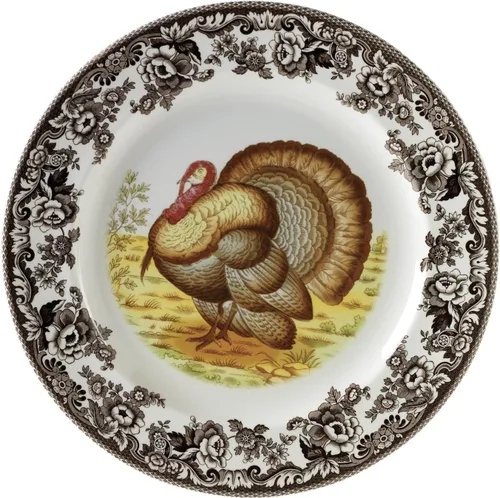 Miniatura 11 de Spode Woodland - Plato de ensalada de porcelana fina, diseño de lucioperca con borde floral marrón, vajilla clásica de campo inglés para cenas