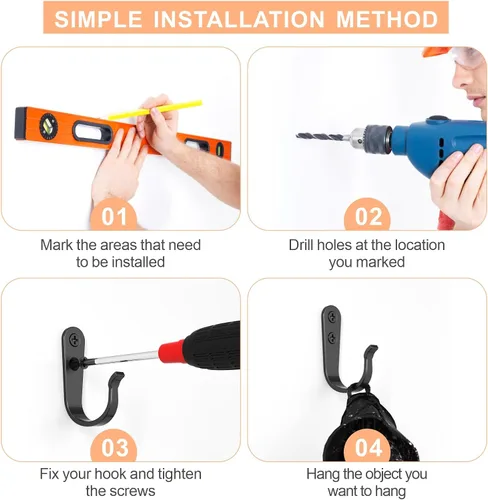 Miniatura 7 de BREYDROK 20 piezas de ganchos de pared de metal resistentes para abrigos, ganchos de un solo diente para colgar con 40 tornillos para toallas
