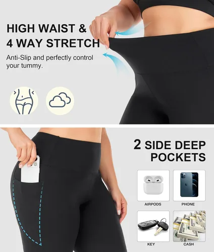 Miniatura 5 de NEW YOUNG Paquete de 3 pantalones cortos de ciclismo de talla grande con bolsillos para mujer, pantalones cortos de entrenamiento de cintura alta