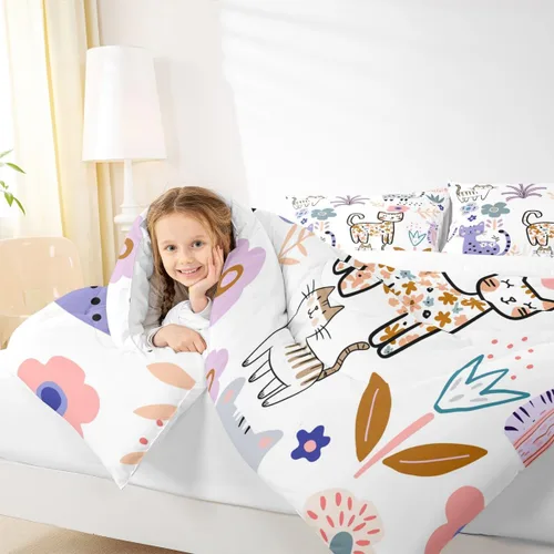 Miniatura 7 de Feelyou Juego de edredón de dibujos animados de gatos, juego de edredón de gatitos y flores, para niños, niñas, adolescentes, mascotas, gatos, juego