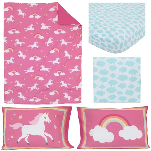 Miniatura 8 de CARTERS - Juego de ropa de cama de 4 piezas con diseño de unicornio arcoíris, rosa, aguamarina, blanco
