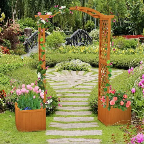 Miniatura 2 de Giantex Pérgola de Jardín con Maceta, Arco de Plantador de Madera con Enrejado, Arco Exterior para Plantas Trepadoras, Vegetales, Hierbas, Blanco