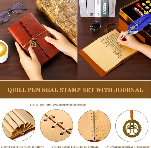 Miniatura 5 de NC Juego de Tinta de Pluma, Juego de Sello de Cera con Diario de Cuero PU y Pluma, 7 Cabezales de Sello, 2 Botellas de Perlas de Cera, para Regalo