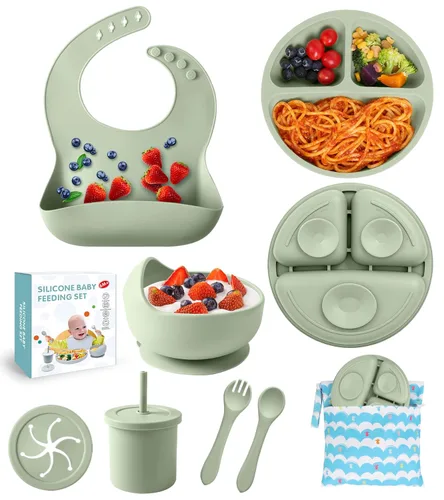 Miniatura 10 de Juego de alimentación de bebé de silicona, 10 piezas de suministros de destete LED para bebés, juego de artículos esenciales para comer con ventosa