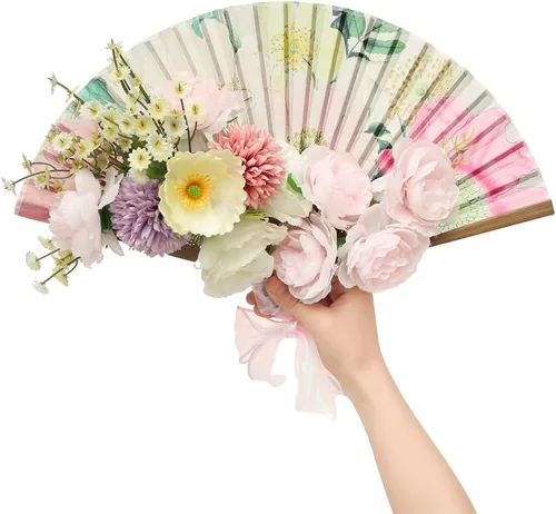 Miniatura 4 de HeyToo Abanico de mano bonito para mujer, diseño de bambú, plegable, para boda, fiesta, aniversario, accesorio de flores grandes